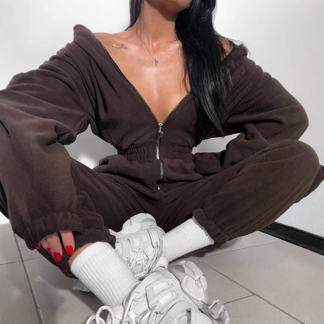 Litoya-Long-Sleeve Hooded Plain Jumpsuit