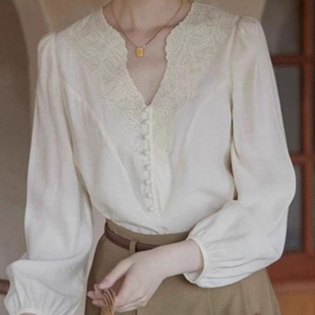 Litoya-Long-Sleeve Notch Neck Lace Panel Blouse