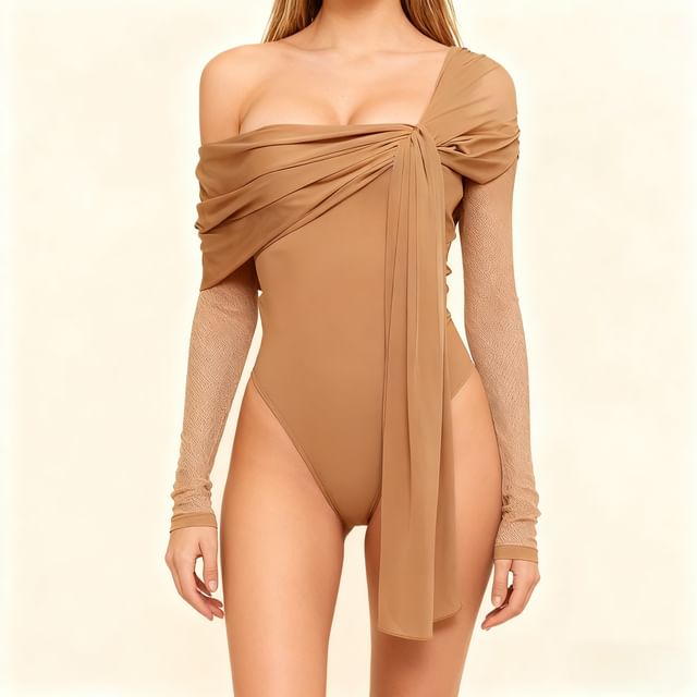 Litoya-Long Sleeve Off Shoulder Plain Ruched T-Shirt