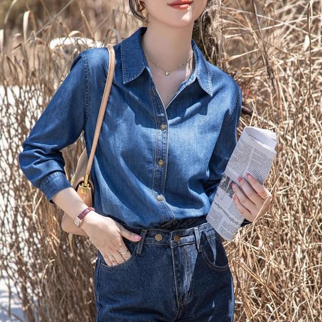 Litoya-Long-Sleeve Plain Denim Shirt