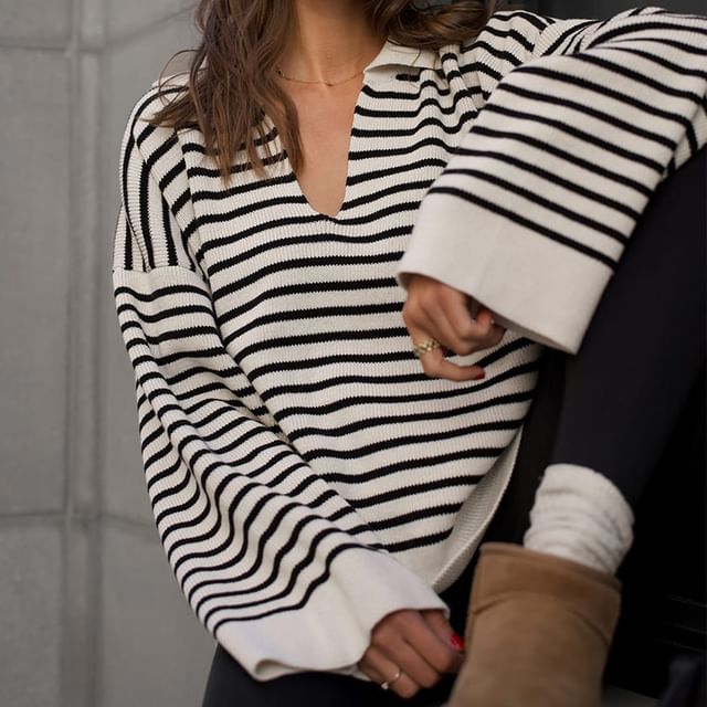Litoya-Long-Sleeve V-Neck Collared Striped Knit Top