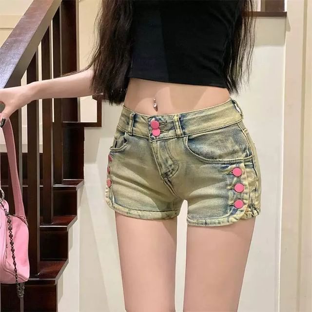 Litoya-Mid Rise Washed Button Denim Shorts