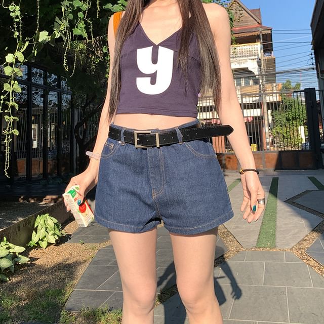 Litoya-Mid Rise Washed Denim Shorts