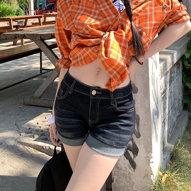 Litoya-Mid Rise Washed Roll Up Denim Shorts