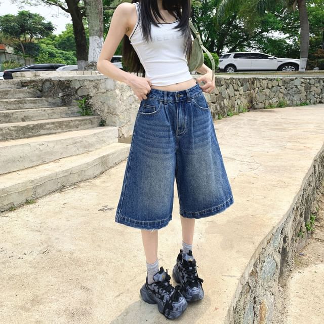 Litoya-Mid Rise Washed Wide Leg Jorts