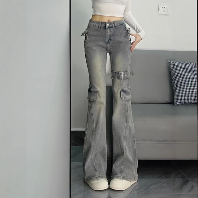 Litoya-Mid Waist Buckled Bootcut Jeans