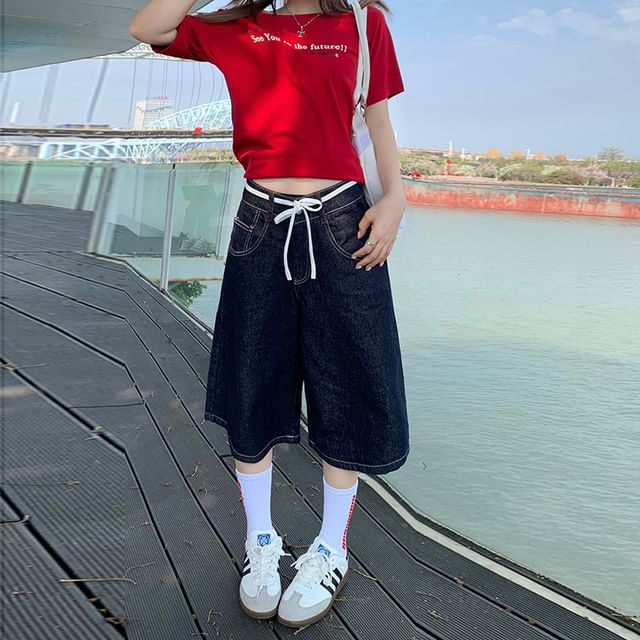Litoya-Mid Waist Plain Wide Leg Jorts