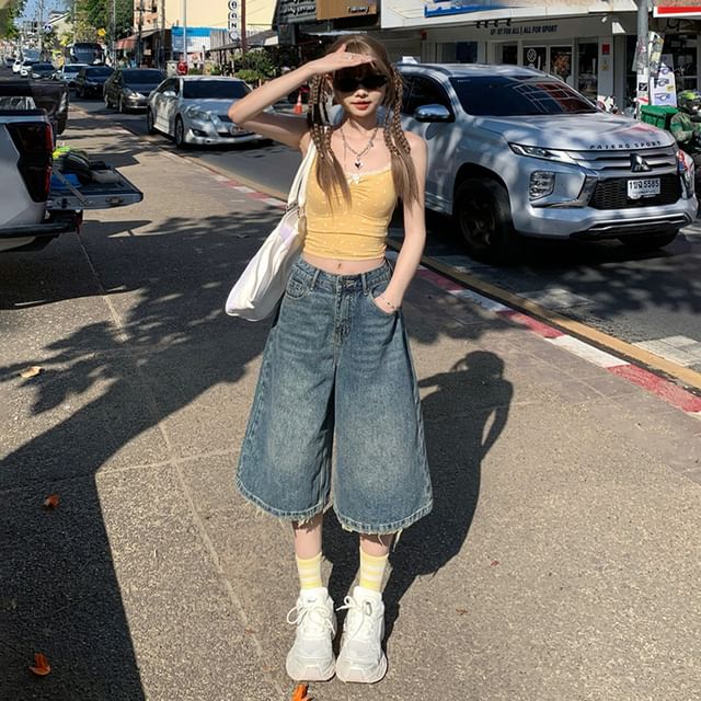 Litoya-Mid Waist Washed Wide Leg Jorts