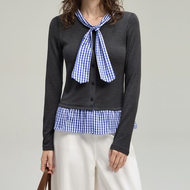 Litoya-Mock Two-Piece Tie-Neck Gingham Panel Button-Up Cardigan