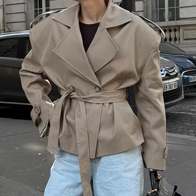 Litoya-Notch Lapel Double-Breasted Plain Trench Jacket
