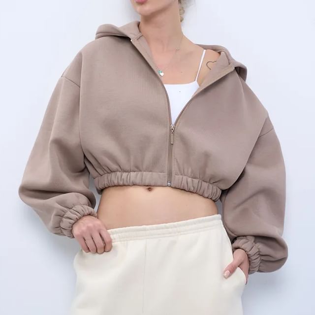 Litoya-Plain Zip Cropped Hoodie