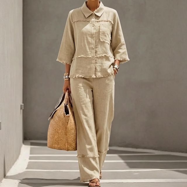 Litoya-Set 34-Sleeve Collared Frayed Button-Up Plain Blouse High Waist Wide Leg Pants