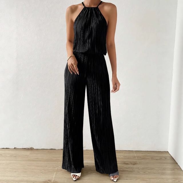 Litoya-Set Halter Neck Striped Top Wide Leg Pants