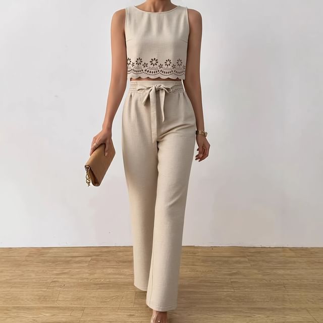 Litoya-Set Sleeveless Round Neck Plain Flower Cutout Crop Top Drawstring Waist Plain Wide Leg Pants