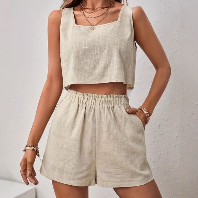 Litoya-Set Square Neck Plain Crop Tank Top Shorts