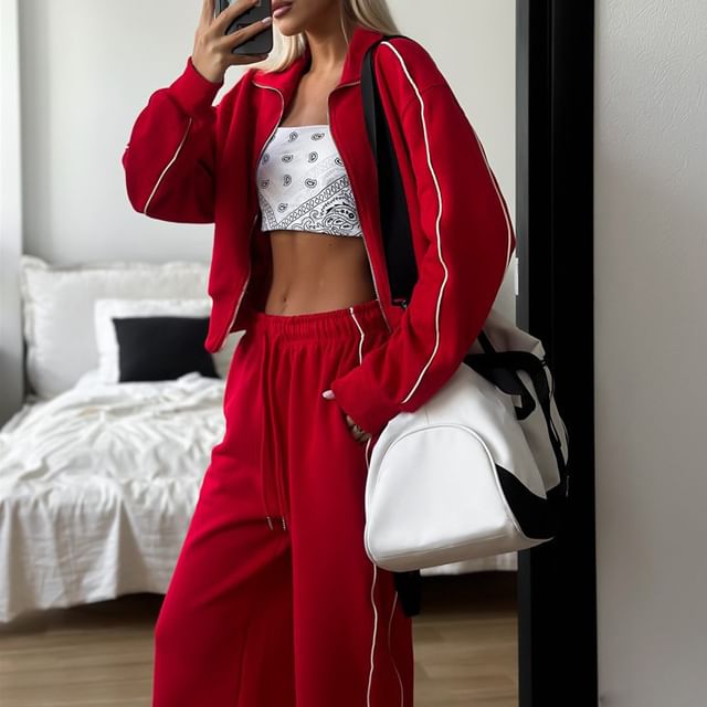 Litoya-Set Striped Cropped Zip Jacket Drawstring Waist Wide Leg Pants