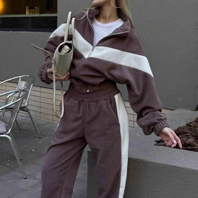 Litoya-Set Striped Zip Jacket Elastic Waist Harem Pants