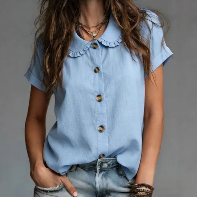Litoya-Short Sleeve Frill Collar Plain Blouse
