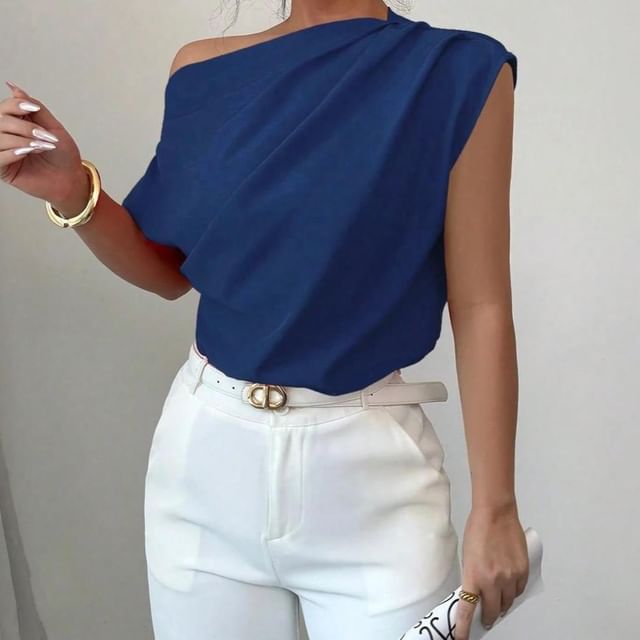 Litoya-Short Sleeve One Shoulder Plain Ruched Top