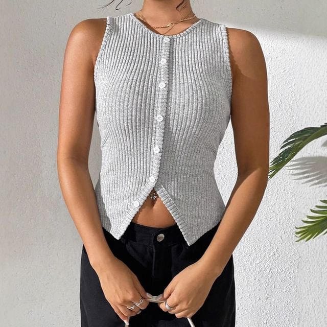 Litoya-Sleeveless Crewneck Button-Up Ribbed Plain Knit Top
