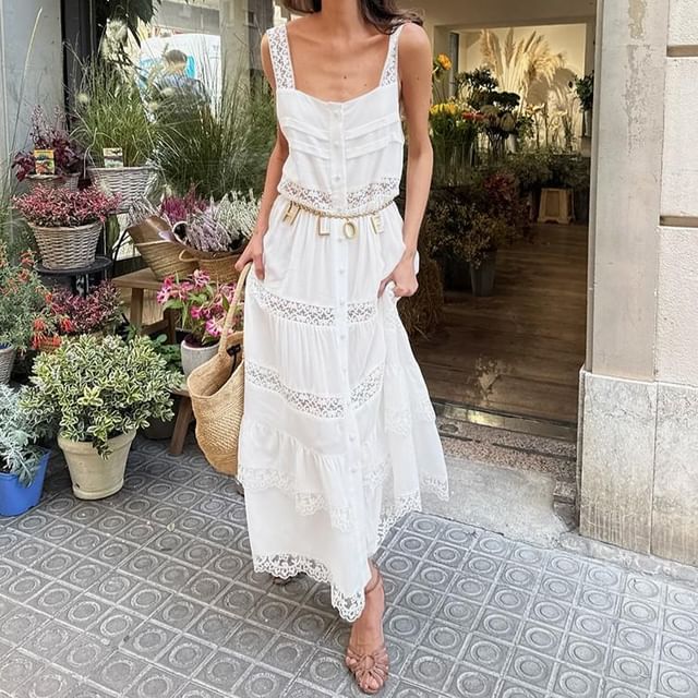 Litoya-Sleeveless Square Neck Lace Panel Half-Buttoned Maxi A-Line Dress