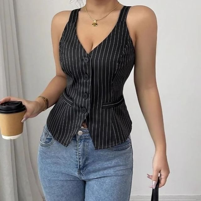 Litoya-Sleeveless V-Neck Striped Crop Top