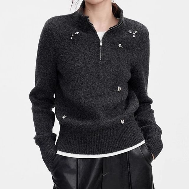 Litoya-Stand Collar Plain Rhinestone Half Zip Sweater