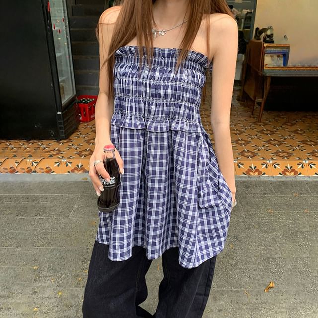 Litoya-Strapless Plaid Ruffle Trim Tube Top