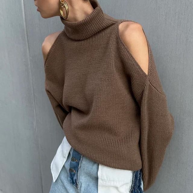 Litoya-Turtleneck Plain Cutout Ribbed Sweater