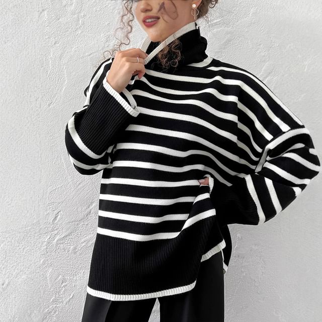 Litoya-Turtleneck Striped Slit Sweater