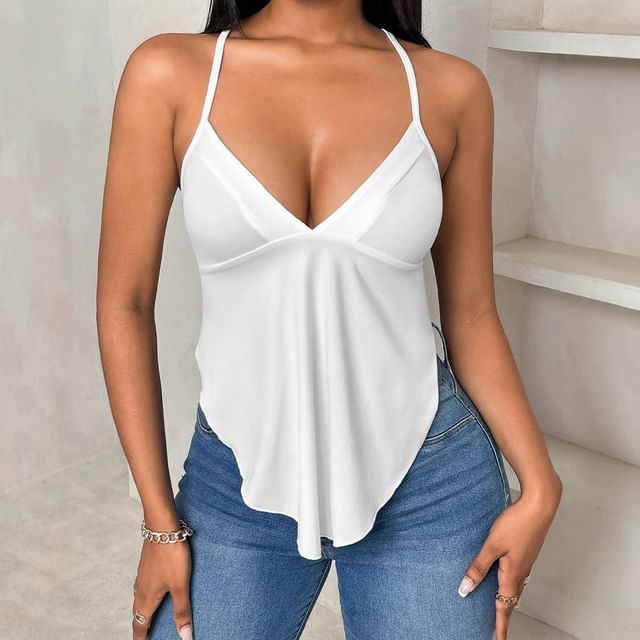 Litoya-V-Neck Asymmetrical Plain Camisole Top