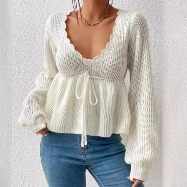 Litoya-V-Neck Plain Drawstring Peplum Sweater