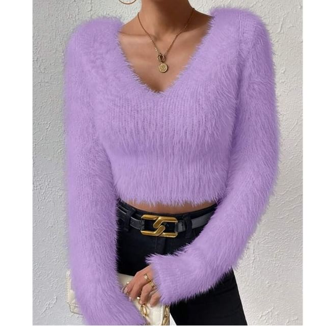 Litoya-V-Neck Plain Fluffy Crop Sweater