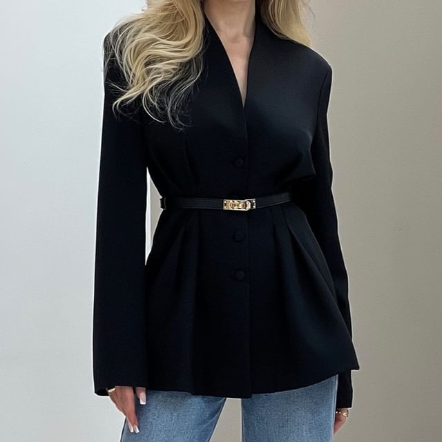 Litoya-V-Neck Single-Breasted Plain Blazer