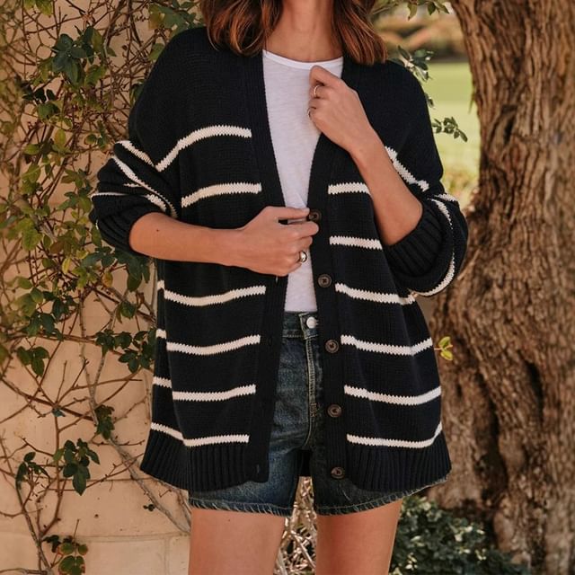 Litoya-V-Neck Striped Button-Up Cardigan