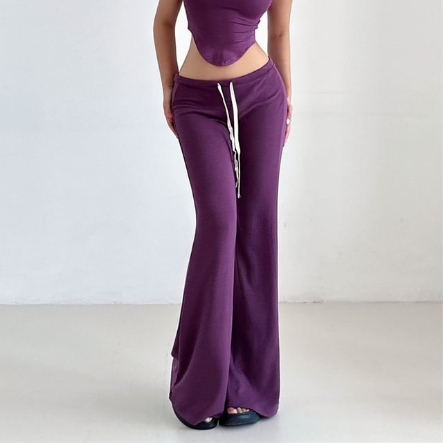 LIVIE-Drawstring Waist Plain Flared Pants Various Designs