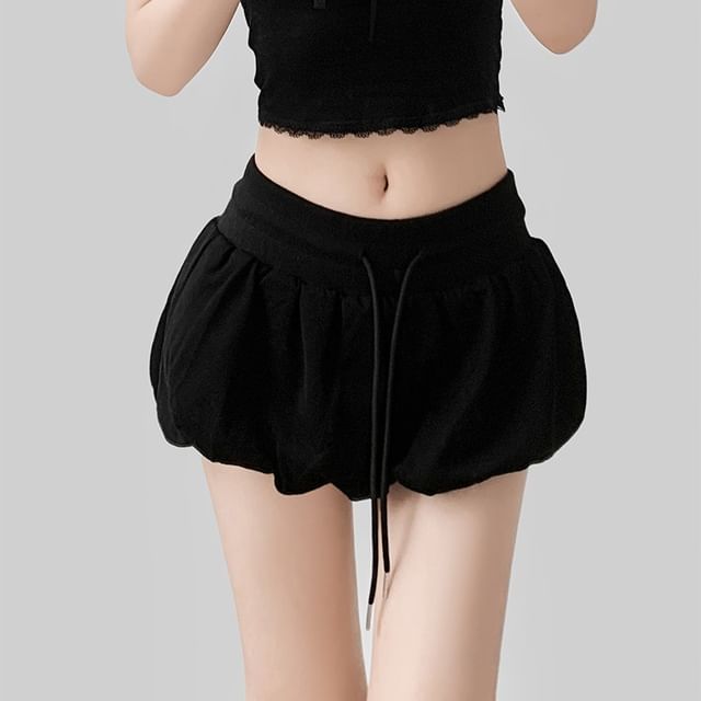 LIVIE-Drawstring Waist Plain Paperbag Mini Skirt