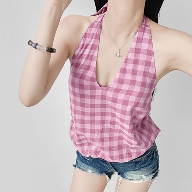 LIVIE-Halter-Neck Gingham Open Back Top