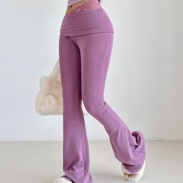 LIVIE-Mid Waist Plain Panel Lace Flared Pants