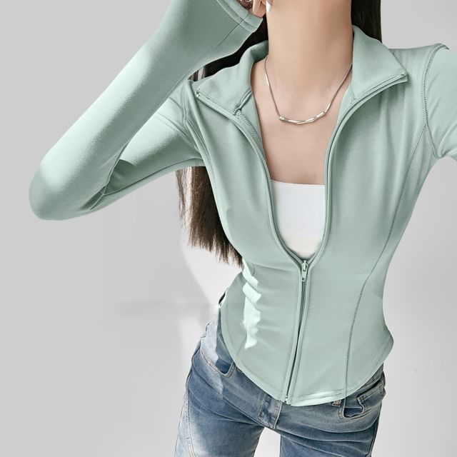 LIVIE-Stand Collar Zip-Up Plain Slim Fit Jacket