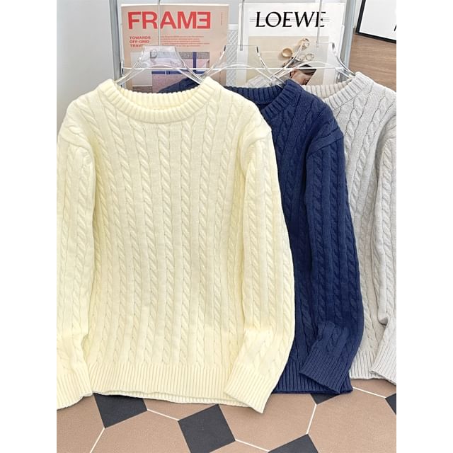 Lorencho-Crew Neck Plain Cable Knit Sweater