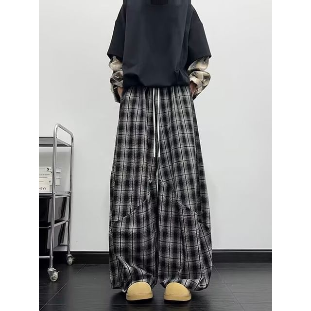 Lorencho-Drawstring Waist Plaid Wide Leg Pants