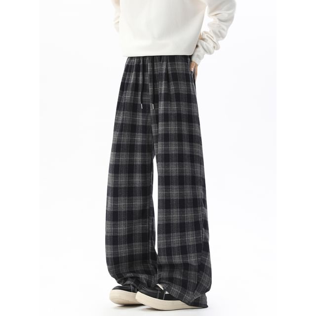 Lorencho-Drawstring Waist Plaid Wide Leg Pants