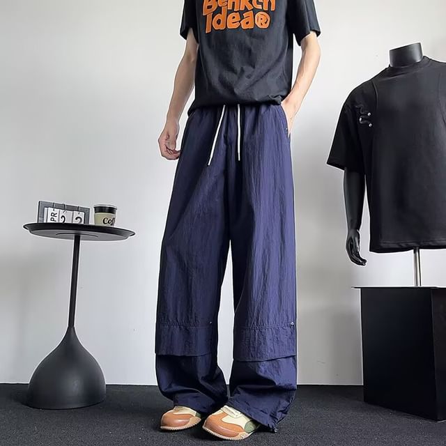 Lorencho-Drawstring Waist Plain Paneled Wide Leg Pants