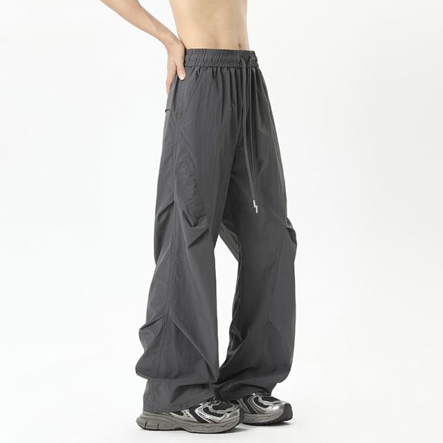 Lorencho-Drawstring Waist Plain Ruched Wide Leg Pants
