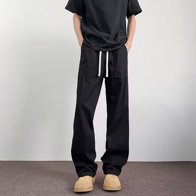 Lorencho-Drawstring Waist Plain Straight Leg Pants