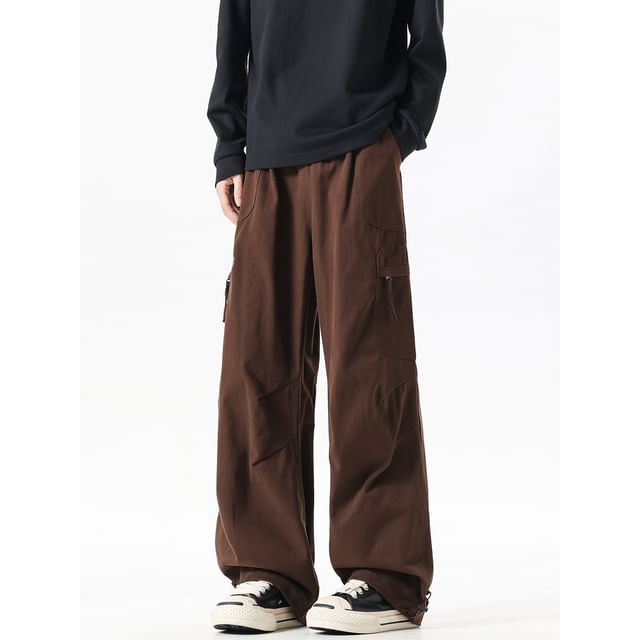 Lorencho-Drawstring Waist Plain Wide Leg Cargo Pants