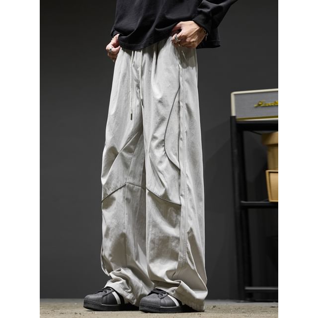 Lorencho-Drawstring Waist Plain Wide Leg Pants