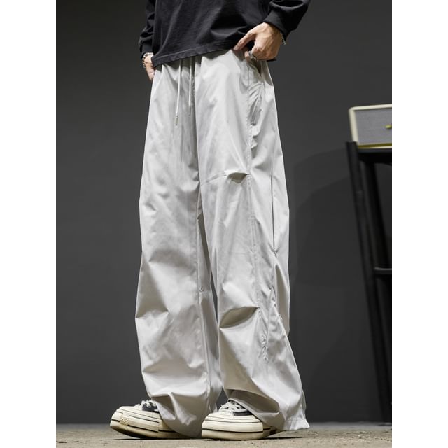 Lorencho-Drawstring Waist Plain Wide Leg Pants