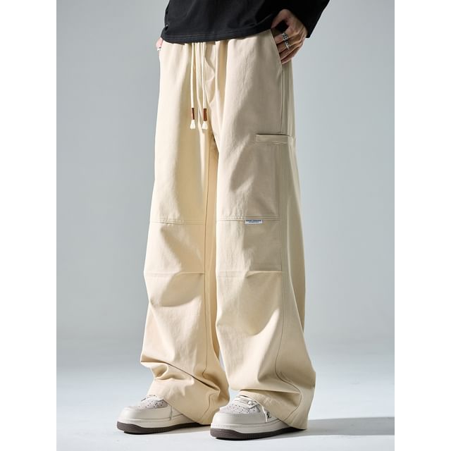 Lorencho-Drawstring Waist Plain Wide Leg Pants